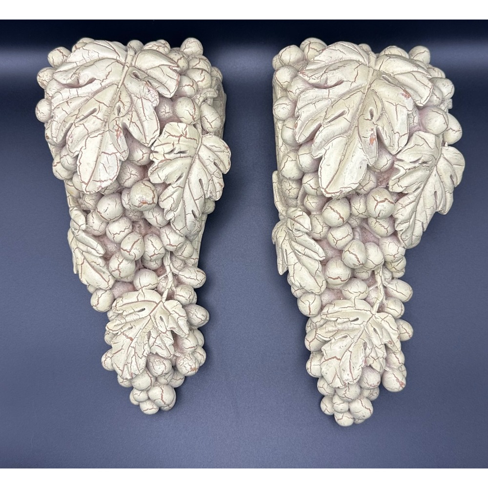 Vintage Grape Vine Wall Corbels Sconces Crackle Cream Resin Decor Set of 2